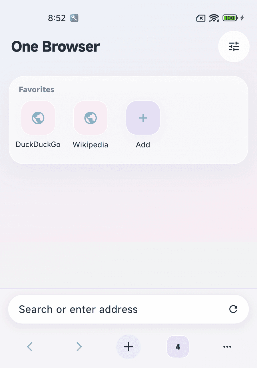Home screen in One Browser