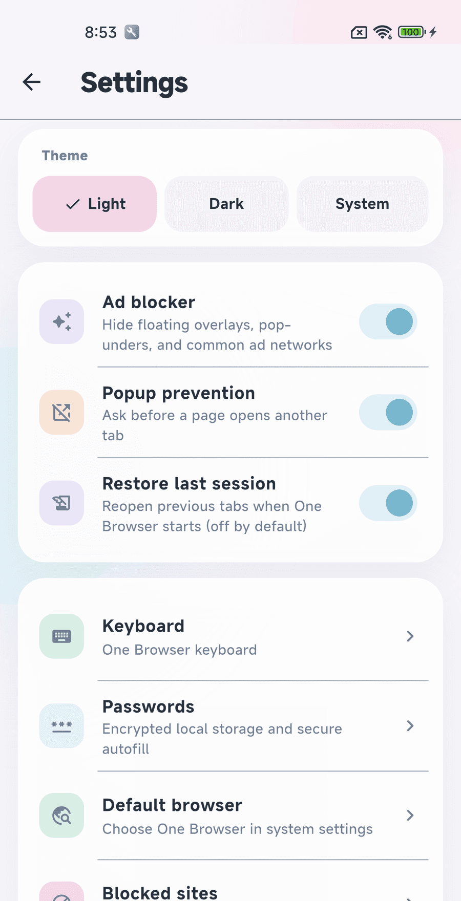 Settings screen in One Browser