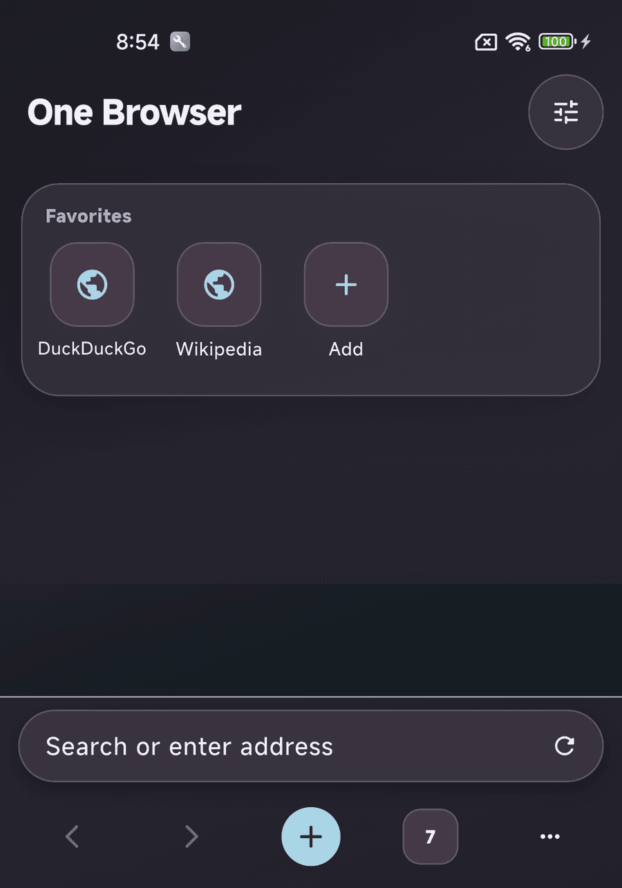 Dark mode screen in One Browser