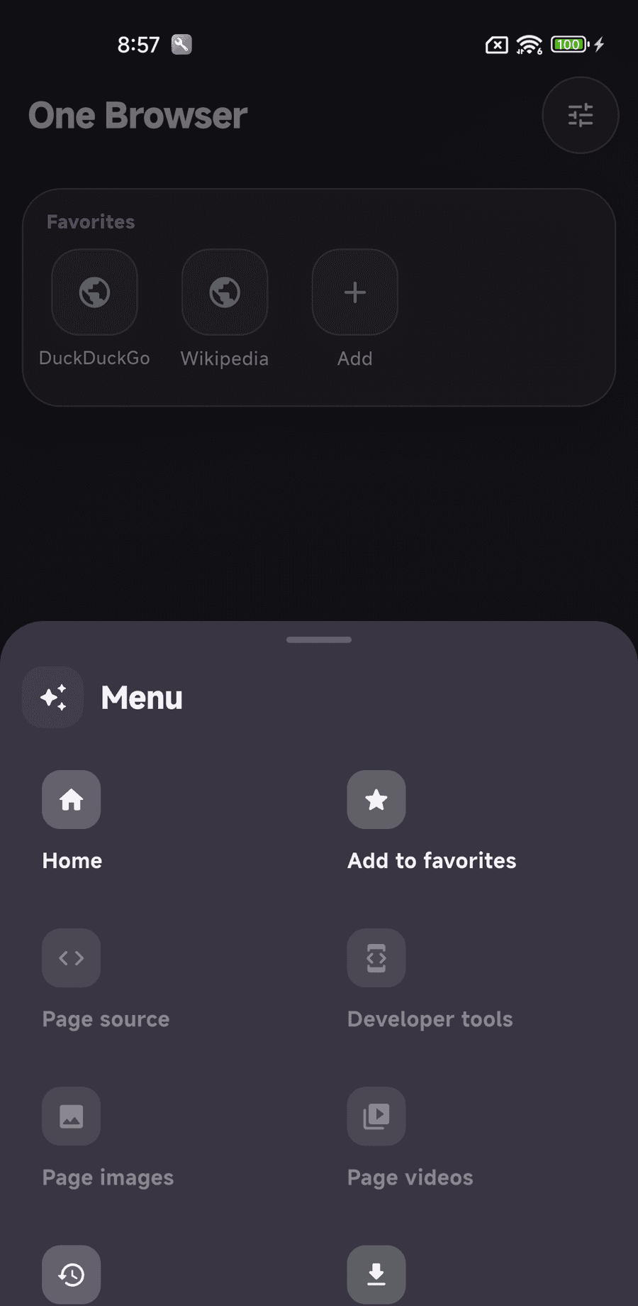 Quick menu screen in One Browser